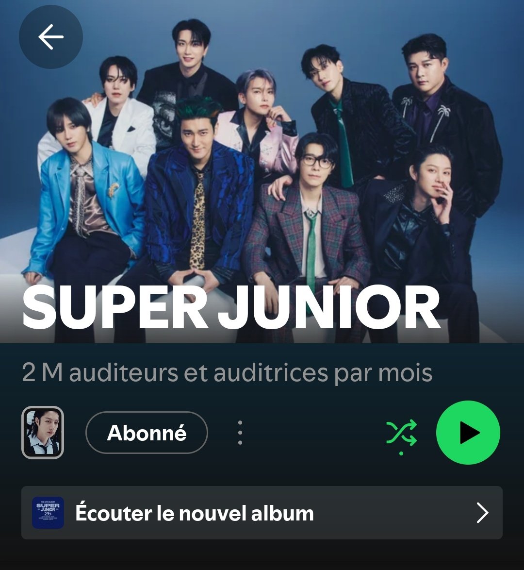 تخطو سوبر جونيور 2 مليون مستمع شهري ( شخص منفرد) على سبوتيفاي 

#superjunior #슈퍼주니어 <a href="/SJofficial/">SUPER JUNIOR</a> [#yesungmin]
