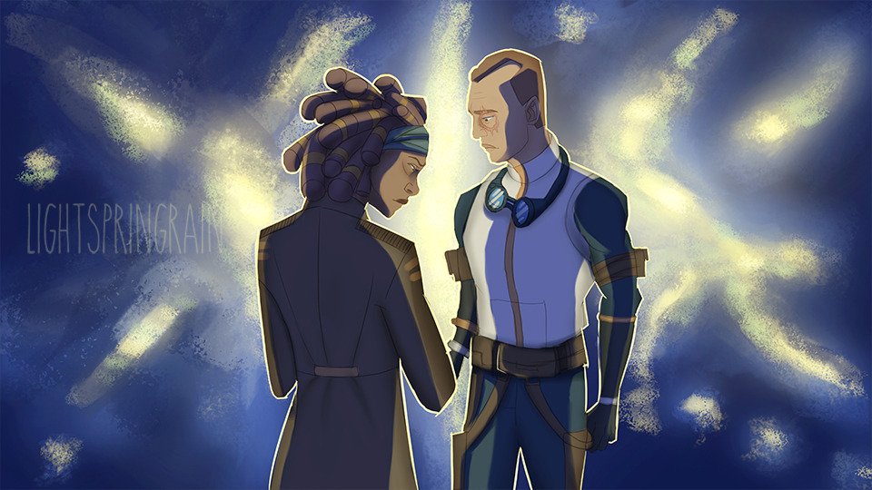 LiteSpringRain's tweet image. These panels are for Chapter 10: Old Friend. (Story on Ao3)
It has been years since Eriadu. Tech doesn't have his memories. Somehow, someway, he finds Phee. 

Sketches by Heyclickadee on Tumblr. Colors and concepts done by me.