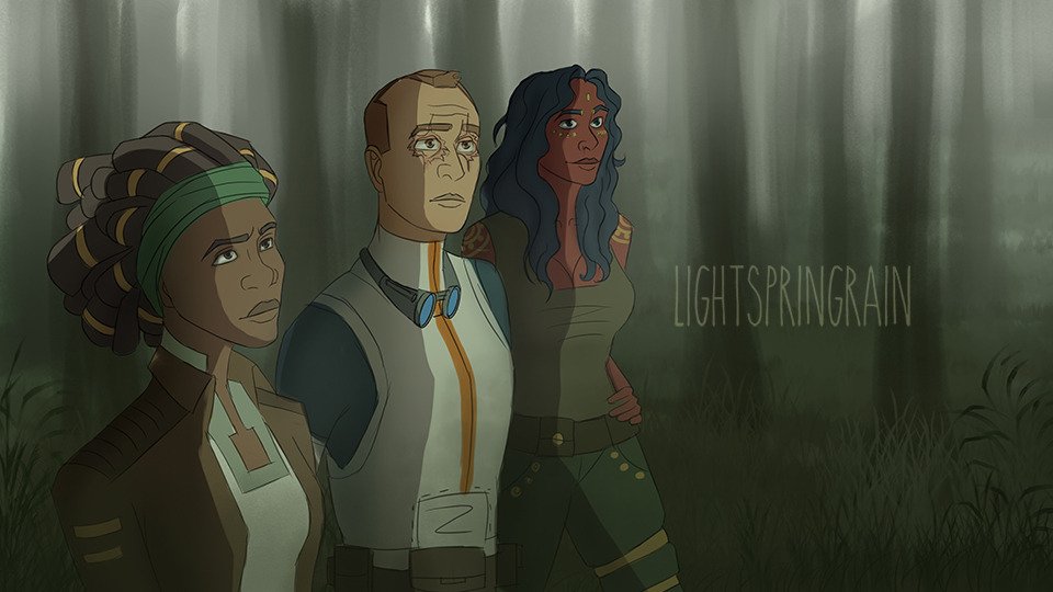 LiteSpringRain's tweet image. These panels are for Chapter 10: Old Friend. (Story on Ao3)
It has been years since Eriadu. Tech doesn't have his memories. Somehow, someway, he finds Phee. 

Sketches by Heyclickadee on Tumblr. Colors and concepts done by me.