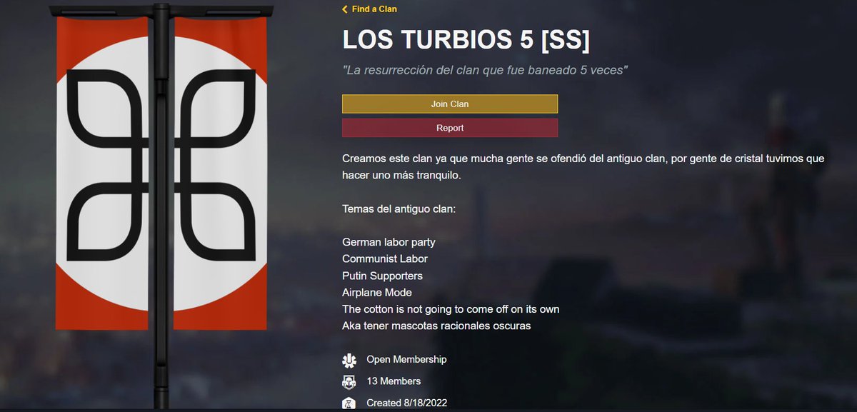 JJSolo9's tweet photo. @Destiny2Team Apparently this is their 5th clan and the others were banned for more vile shit. Permas? https://t.co/SQPDaJSE2I