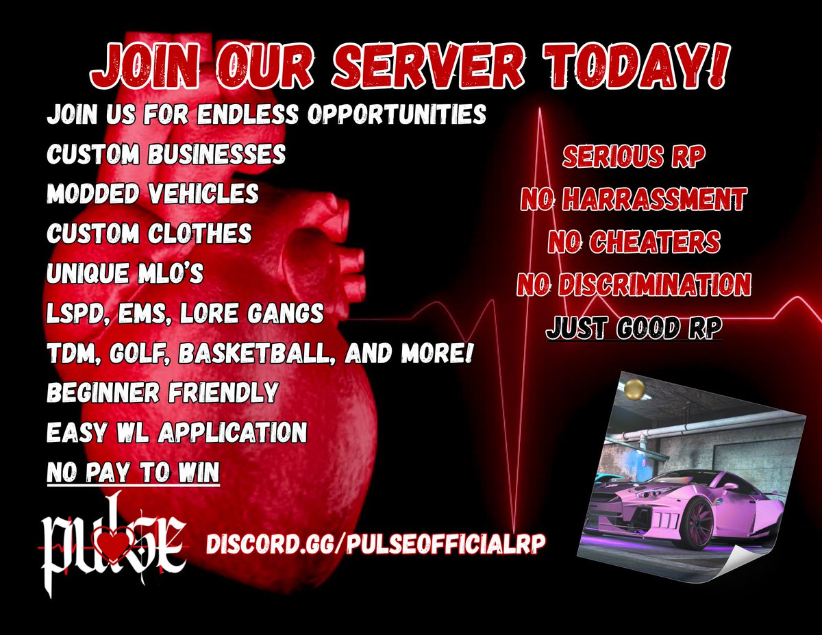 TheGrimCherry's tweet image. 🔴PULSERP IS LOOKING FOR GANGS/FAMILIES, LSPD AND EMS🔴
Join the discord today for more information. Amazing staff and beginner friendly. 
#pulseRP #GTA5 #fivem #GTARP