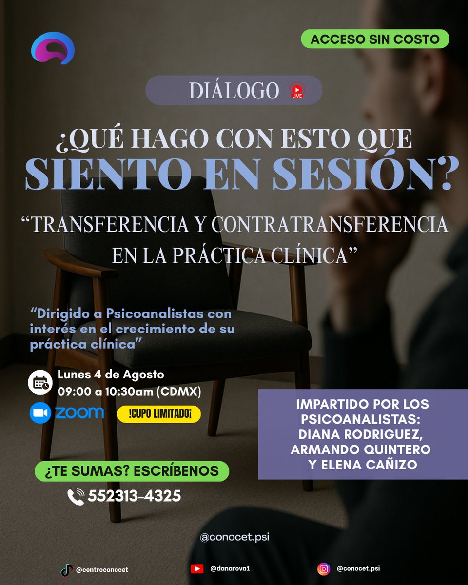Anaidrova's tweet photo. ¿Qué hago con esto que siento en sesión?
Exploraremos transferencia y contratransferencia en la práctica clínica.
📆 Lunes 5 de agosto | 9:00 a.m.
📲 Registro vía WhatsApp.
Charla para psicólogos y psicoanalistas.
#Psicoterapia #Psicoanálisis #SaludMental #SupervisiónClínica https://t.co/WphazbStk8