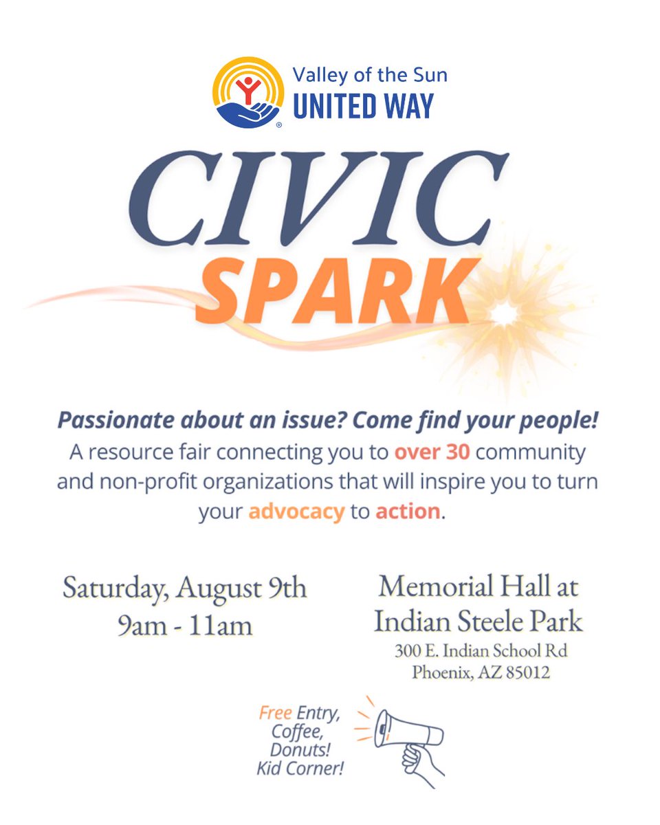 Valley of the Sun United Way (@myvsuw) on Twitter photo The Civic Spark Community Resource Fair is coming up and VSUW is one of 30+ nonprofit organizations attending.
🎤 Hosted by Representative <a href="/SarahKLiguori/">Sarah Liguori</a>, this FREE event is the perfect way to find meaningful ways to get involved.
🔗 Want to attend? vsuw.org/CivicSpark. The Civic Spark Community Resource Fair is coming up and VSUW is one of 30+ nonprofit organizations attending.
🎤 Hosted by Representative <a href="/SarahKLiguori/">Sarah Liguori</a>, this FREE event is the perfect way to find meaningful ways to get involved.
🔗 Want to attend? vsuw.org/CivicSpark.