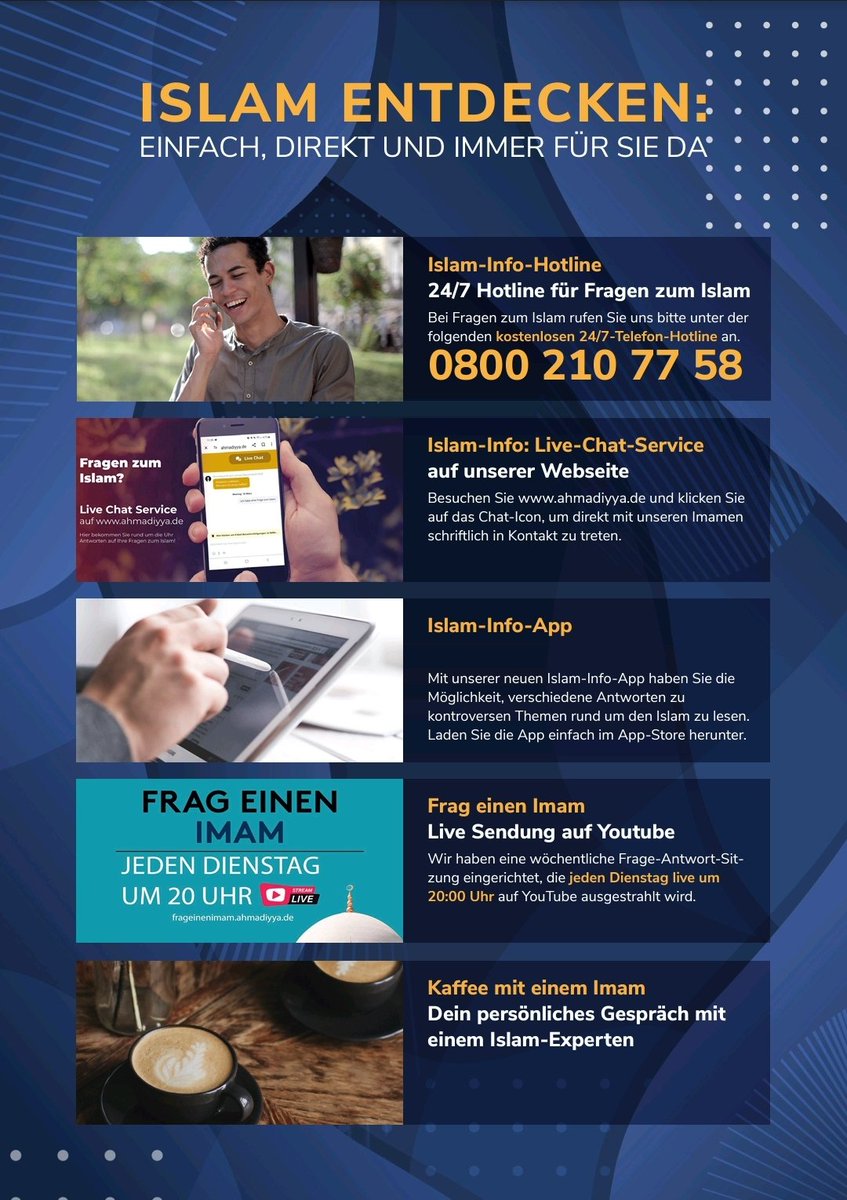 Entdecken Sie den Islam einfach &amp; direkt! ☎️ 24/7-Hotline: 0800210 7758 🌐 Live-Chat: ahmadiyya.de 📱 Islam-Info-App: Infos &amp; Antworten zu kontroversen Themen 📺 Frag einen Imam: jeden Dienstag 20:00 Uhr auf YouTube ☕ Kaffee mit einem Imam: Ihr persönliches Gespräch.