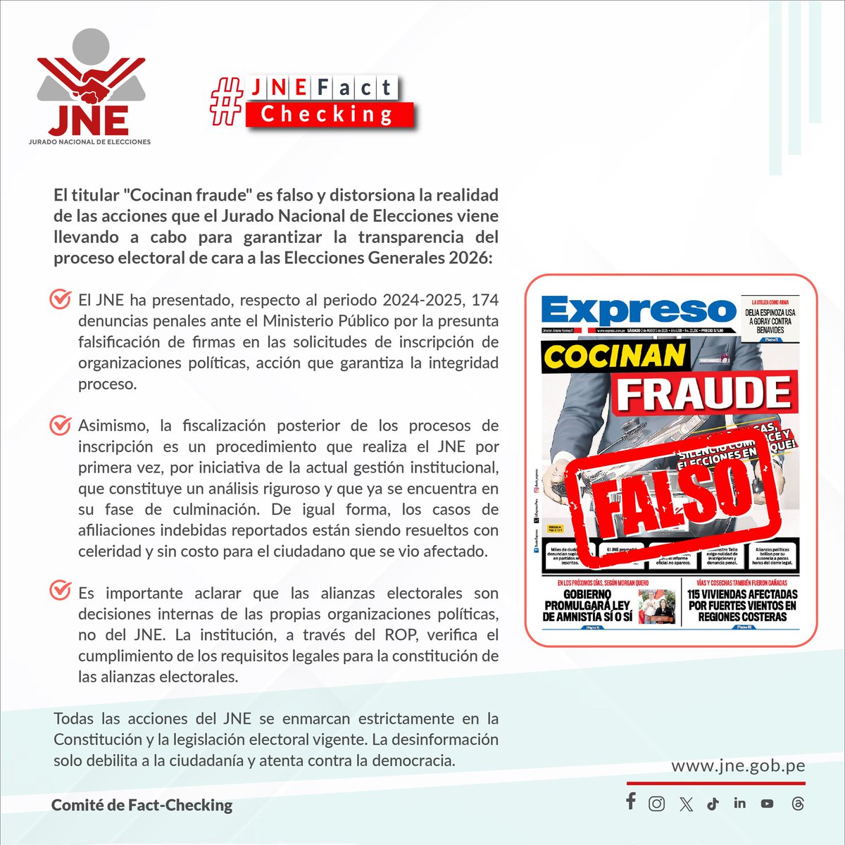 JNE_Peru's tweet photo. #JNEFactChecking | El Comité de Fact Checking advierte que el titular “cocinan fraude” es FALSO y alarmista. El JNE realiza acciones para garantizar la transparencia de las #EleccionesGenerales2026.
¡No caigas en desinformación! https://t.co/8QGDBGZLGl