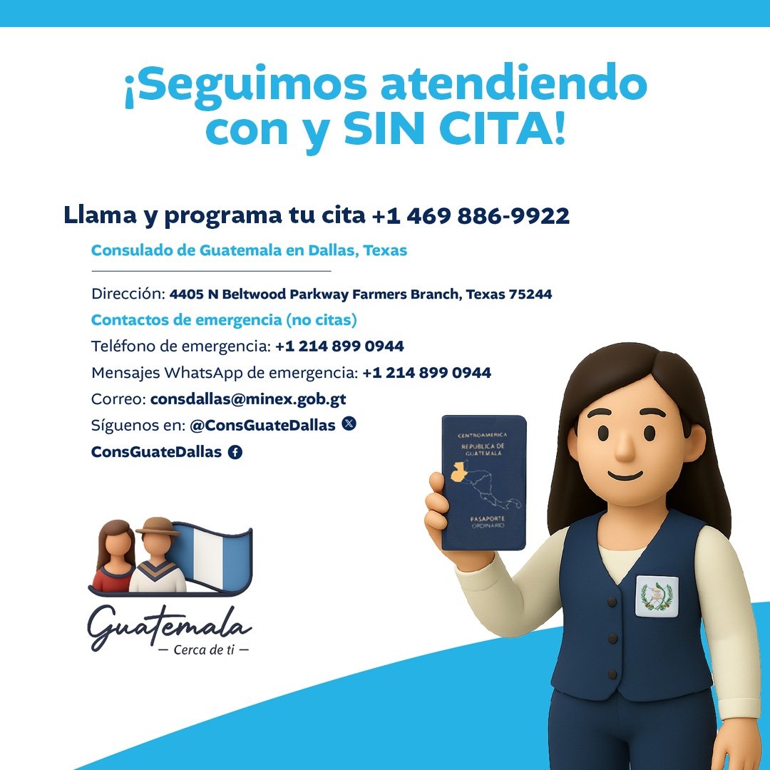 ¡Tu consulado siempre cerca de ti! 🇬🇹

Seguimos trabajando para ti, con o SIN CITA.
#GuatemalaCercaDeTi