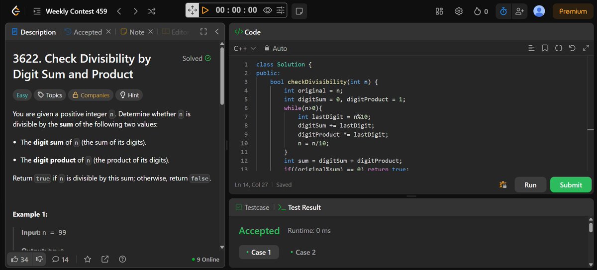 harshit_yadav03's tweet image. 🚀 Day 48 of #100DaysOfCode
✅ Solved:
Leetcode 
🔸 Process String with Special Operations I
🔸 Check Divisibility by Digit Sum and Product
🔸 Maximum Subsequences After One Insertion
Codeforces 
🔹 3 problems for logic boost!
#Leetcode #Codeforces #DevJourney #DSA #cpp