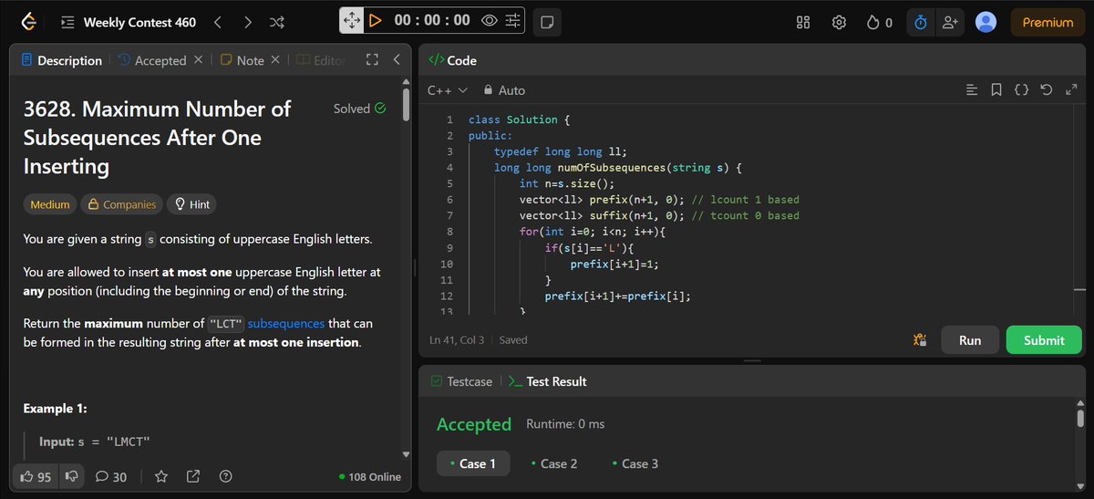 harshit_yadav03's tweet image. 🚀 Day 48 of #100DaysOfCode
✅ Solved:
Leetcode 
🔸 Process String with Special Operations I
🔸 Check Divisibility by Digit Sum and Product
🔸 Maximum Subsequences After One Insertion
Codeforces 
🔹 3 problems for logic boost!
#Leetcode #Codeforces #DevJourney #DSA #cpp