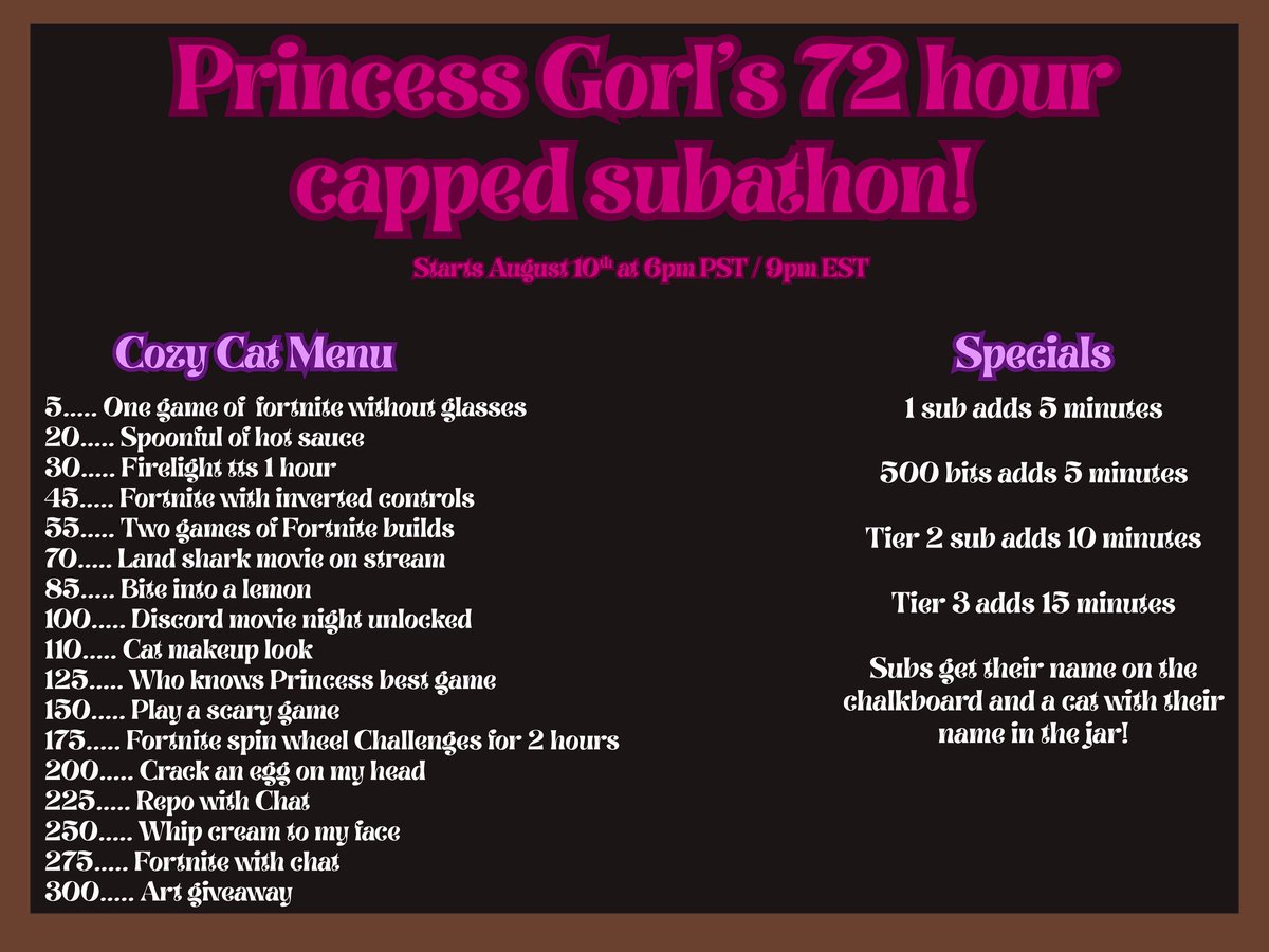 I’m excited to share we are doing a 72 hour capped subathon on August 10th! Stream starts at 6hours and time will be added from subs/bits. Hope to see y’all there 🩷
#subathon #foryou #cozystreamer #gamergirl