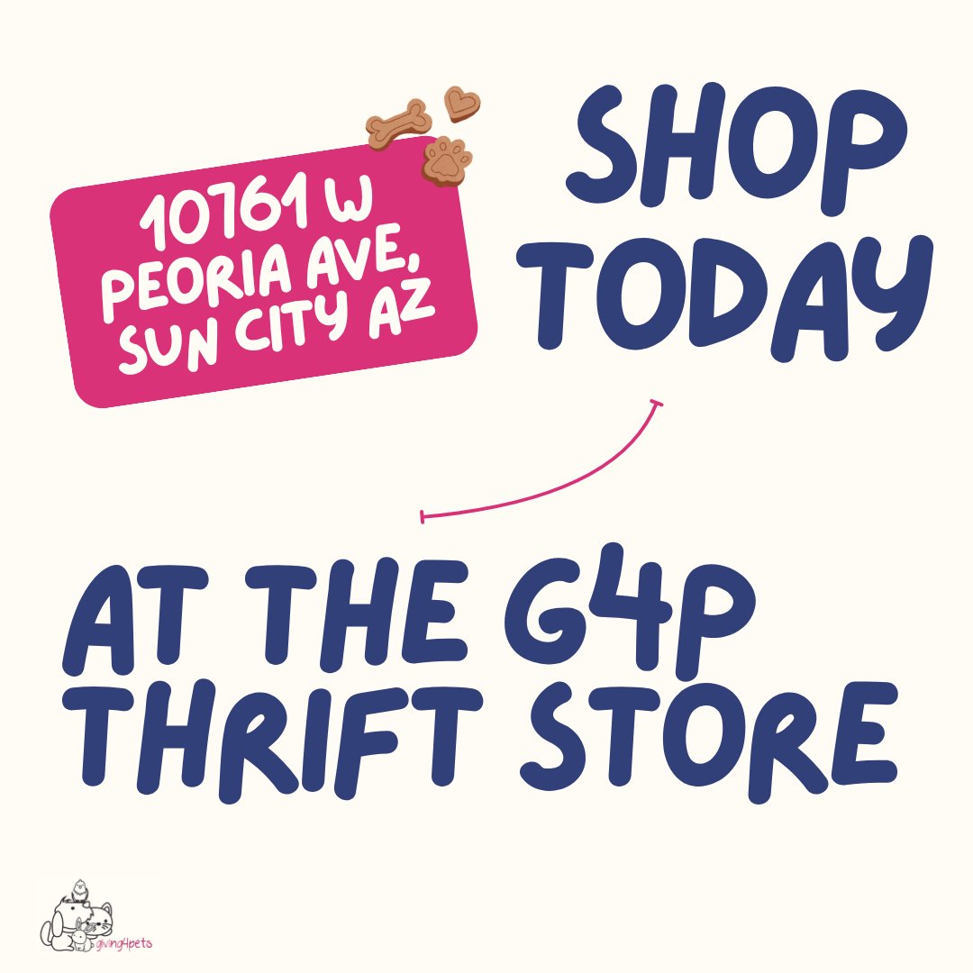 🐾 August Deal Alert! 🛍️
All month long, enjoy 60% OFF your entire purchase at the Giving4Pets Thrift Store! Shop with heart. Save big. Help pets in need. 💖🐶🐱

📍10761 W Peoria Ave, Sun City AZ 85351 (Mon-Sat, 9am-4pm)

*excluding jewelry &amp; G4P apparel