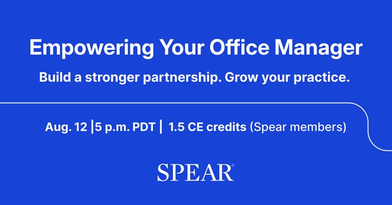 Dentists, your office manager plays a crucial role in your success!  

Join us Aug. 12, for a CE webinar on building stronger partnerships and growing your practice. 

Spear members can bring their team at no cost. 👉  hubs.li/Q03B2gcf0