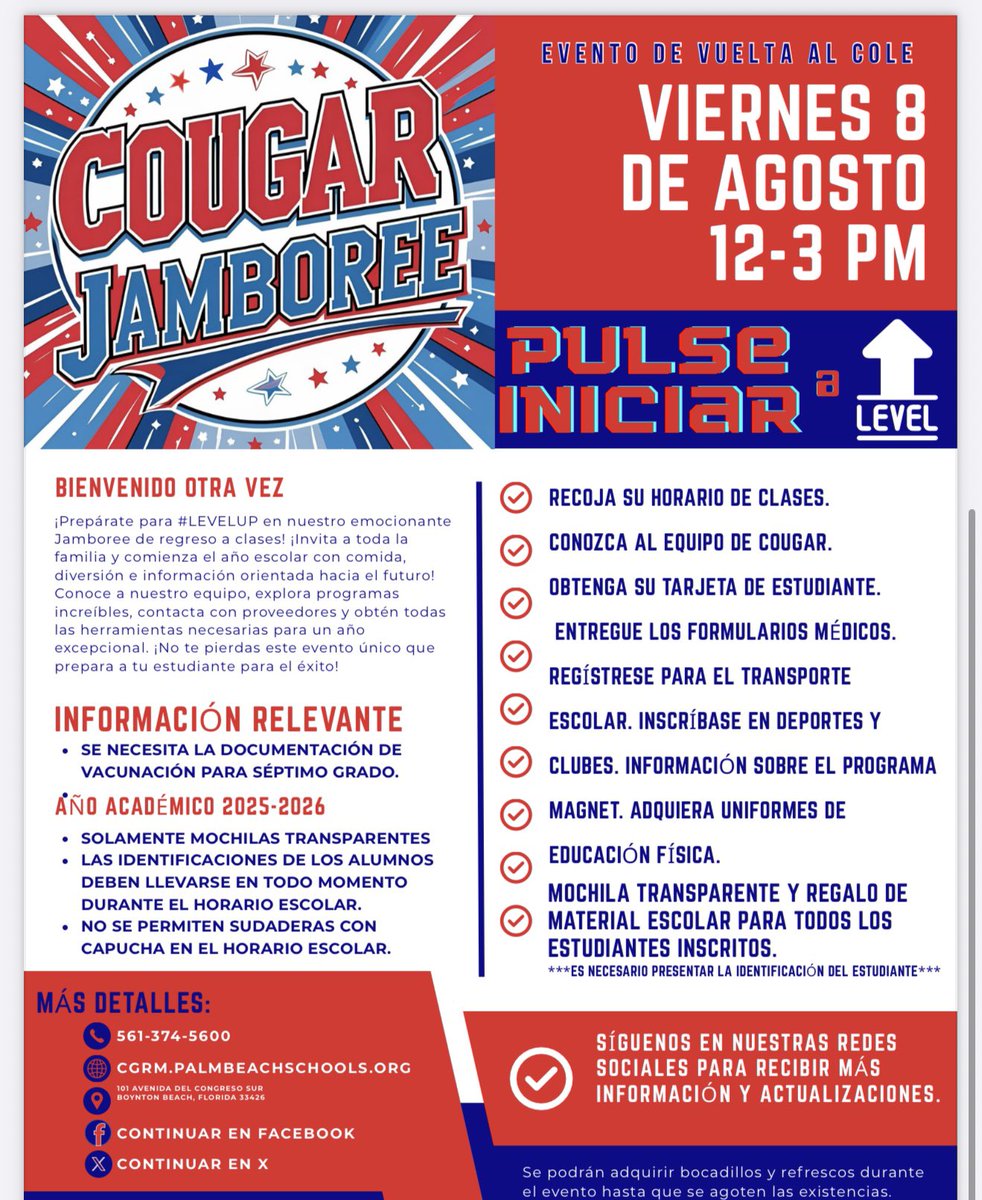 Dr Bernie Standish (@softballmommy11) on Twitter photo ๐ Join us for the Cougar Jamboree!Fri Aug 8th,12โ3PM <a href="/Congress_MS/">Congress Middle School</a> !
Meet AMAZING CMS teachers, pick up schedules & student IDs, turn in gr 7th medical forms: PLUS registered students receive a FREE clear backpack w/supplies! See you there! ๐พ #BetterInBoynton #LevelUp ๐ Join us for the Cougar Jamboree!Fri Aug 8th,12โ3PM <a href="/Congress_MS/">Congress Middle School</a> !
Meet AMAZING CMS teachers, pick up schedules & student IDs, turn in gr 7th medical forms: PLUS registered students receive a FREE clear backpack w/supplies! See you there! ๐พ #BetterInBoynton #LevelUp
