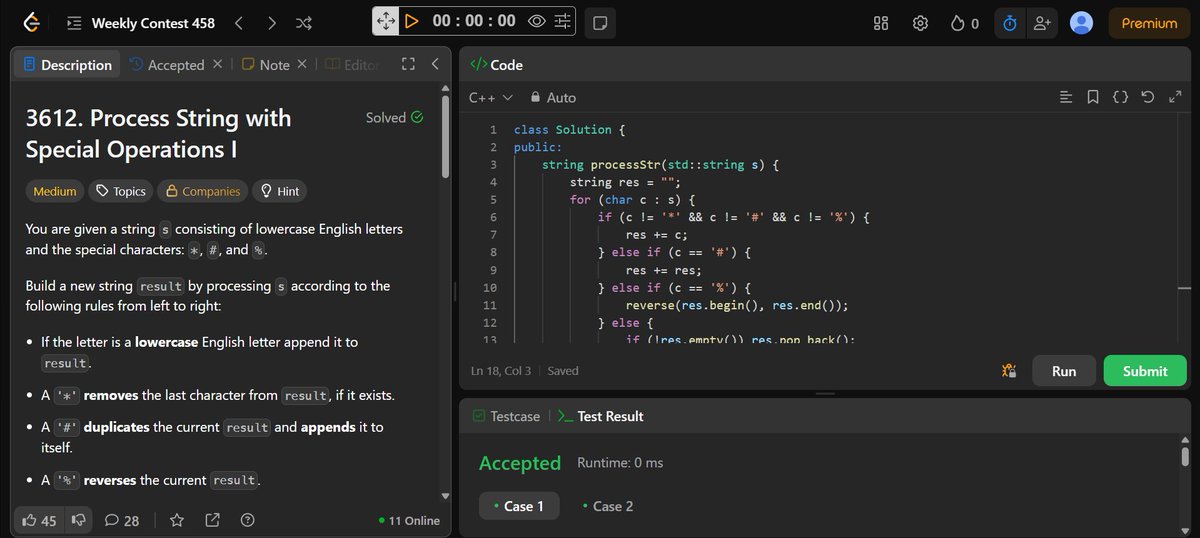 harshit_yadav03's tweet image. 🚀 Day 48 of #100DaysOfCode
✅ Solved:
Leetcode 
🔸 Process String with Special Operations I
🔸 Check Divisibility by Digit Sum and Product
🔸 Maximum Subsequences After One Insertion
Codeforces 
🔹 3 problems for logic boost!
#Leetcode #Codeforces #DevJourney #DSA #cpp