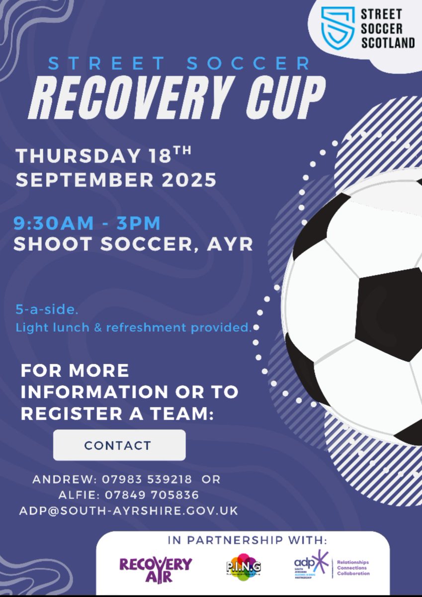 RecoveryAyr (@recoveryayr) on Twitter photo We're excited to share our first event as part of Recovery Month in September!
We are delighted to be organising another Football Recovery Cup with <a href="/streetsoccerSCO/">Street Soccer Scotland</a> and <a href="/southayradp/">South Ayrshire ADP</a>
5-a-side, Thursday 18th September, Shoot Soccer, Ayr.
Email adp@south-ayrshire.gov.uk to enter We're excited to share our first event as part of Recovery Month in September!
We are delighted to be organising another Football Recovery Cup with <a href="/streetsoccerSCO/">Street Soccer Scotland</a> and <a href="/southayradp/">South Ayrshire ADP</a>
5-a-side, Thursday 18th September, Shoot Soccer, Ayr.
Email adp@south-ayrshire.gov.uk to enter