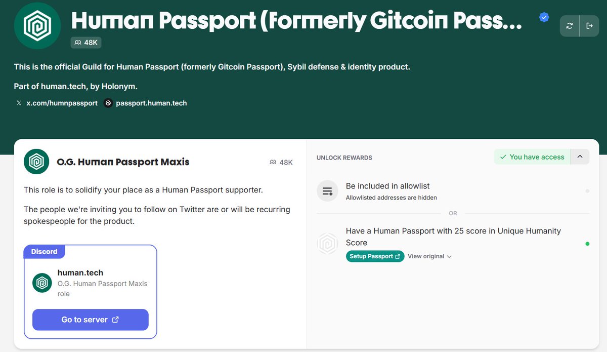 SecretoDefi's tweet photo. ATENCIÓN 📢

¡Si has conseguido reclamar +25 puntos en el Human Passport, reclama tu rol OG!

Por si alguno anda perdido... Human Passport = Gitcoin Passport

Simplemente se ha hecho un rebranding

Dicho esto, ya podéis reclamar el rol OG Human Passport Maxis en su Guild si tienes +25 de score:

🔗 https://t.co/c67qtShe8S

Casi 50k wallets ya lo han reclamado ✅

Y si tienes más de 70 puntos, también puedes reclamar el de Chosen One (este sólo lo han conseguido 500 wallets)