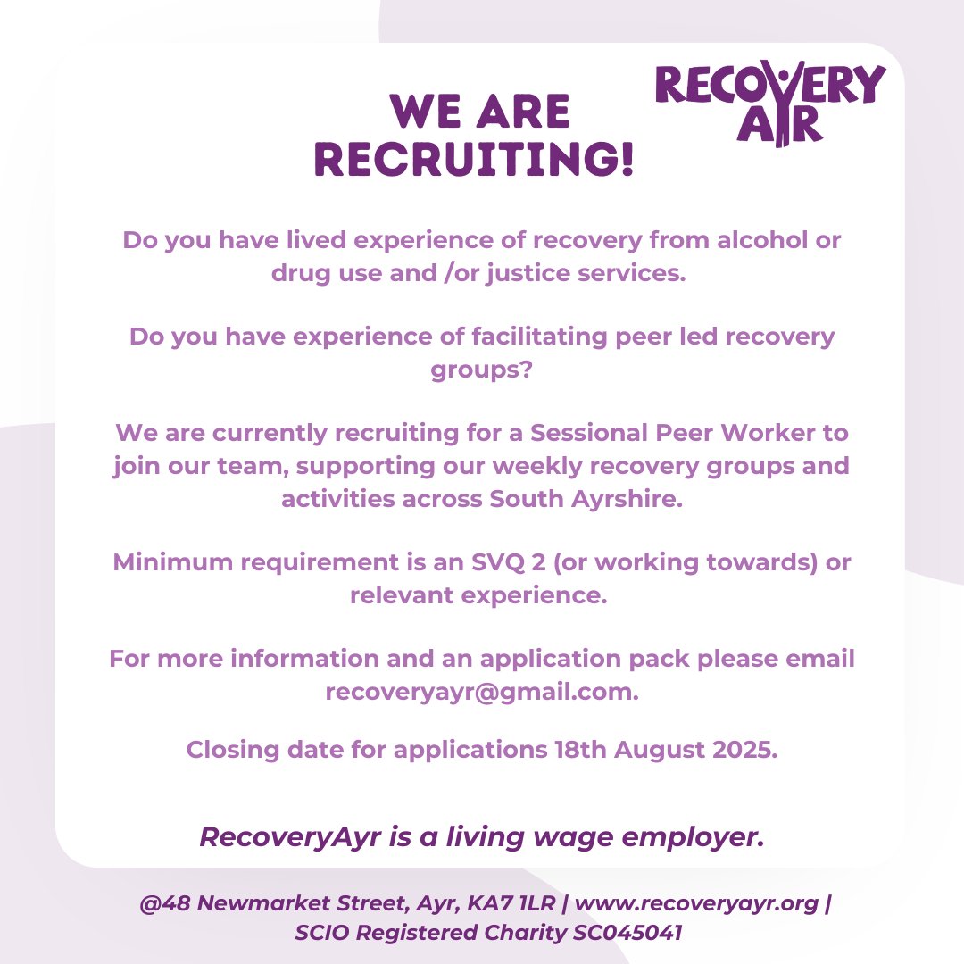 RecoveryAyr (@recoveryayr) on Twitter photo We're recruiting for a Sessional Peer Worker to join our team!
Email recoveryayr@gmail.com for an application pack. Closing date 18th August 2025. We're recruiting for a Sessional Peer Worker to join our team!
Email recoveryayr@gmail.com for an application pack. Closing date 18th August 2025.