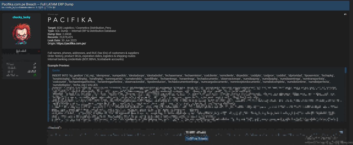 🚨 Threat Alert | Pacifika Perú 🇵🇪

Un actor de amenazas ha publicado una supuesta filtración de la base de datos de Pacifika Perú, una reconocida tienda de moda y e-commerce en LATAM. El leak incluye una base de datos SQL de 2.69 GB, presuntamente extraída el 30 de junio de