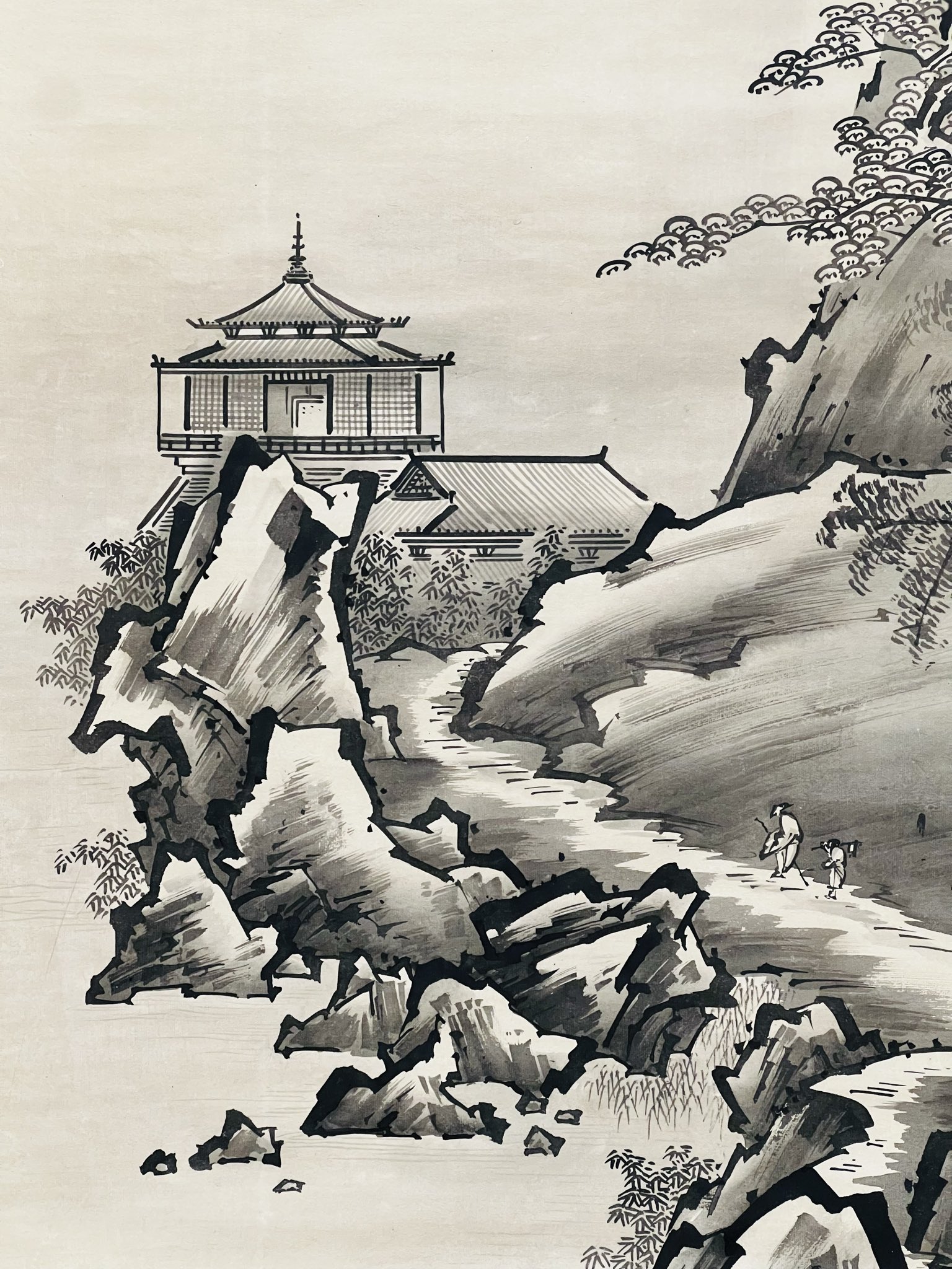 茶掛け 山水画 墨絵 田口 春道 掛軸M009[田口春道 青緑山水]絹本 共箱 日本画 風景画 床間 飾り