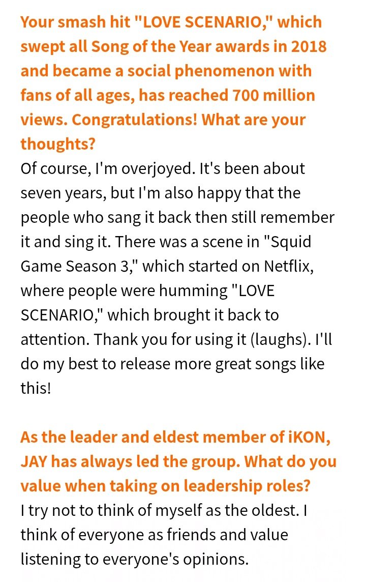 their Japanese speaking is always praised. Especially Jinhwan's and Junhoe's 🤗 of course Love Scenario and Squid Game 3 had to be included in the interview. I still see edits of actor Roh Jae-won's character.