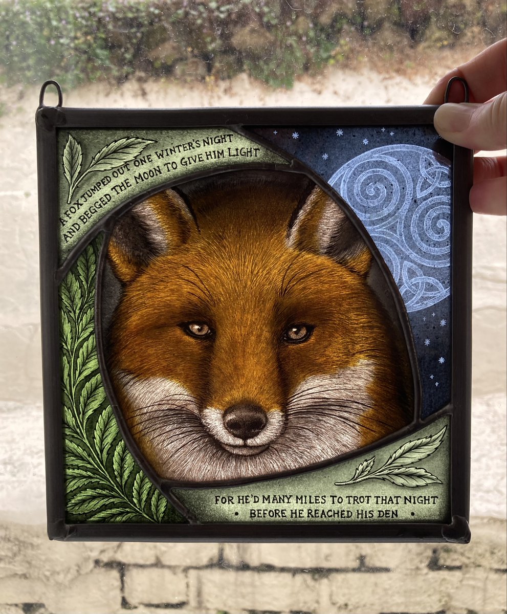 LornaSharkey1's tweet photo. A new stained glass panel hand painted with a fox, Celtic knot moon and a piece from the poem “The Fox’s Foray” (panels available on Etsy - LornaSharkeyArt) 🦊💙
#handpaintedglass #stainedglassart #FoxOfTheDay #bluemoon #hastingsartist #fox #etsy https://t.co/wUJ1tqb66b https://t.co/nuXy0u37SC