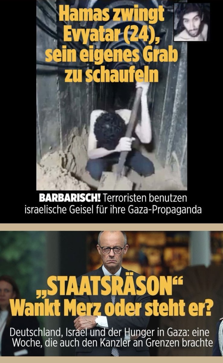 Oben in #Gaza hungern die Kinder. Unter der Erde muss eine Geisel ihr Grab schaufeln. Wann sehen Linke und Kukturschickeria ein: es ist die #Hamas nicht #Israel. Beides, oben und unten. Jetzt kommt es auf den <a href="/bundeskanzler/">Bundeskanzler Friedrich Merz</a> an. <a href="/BILD/">BILD</a>  bild.de/politik/auslan…