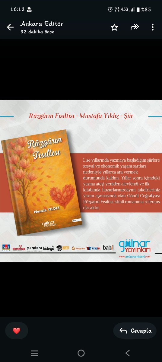 Selamünaleyküm Edebiyat dünyasında yerimizi aldık..Rabbim ikinci ve üçüncü Şiir kitabıyla Ve Yazım aşamasında olan
Romanımla devamını nasip eder İnşaAllah..