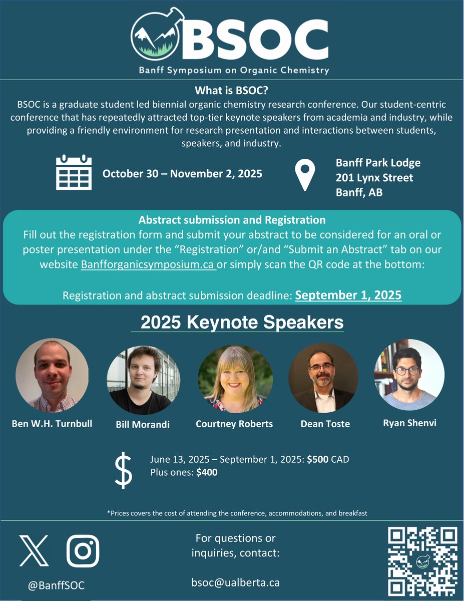 Banff Symposium on Organic Chemistry (@banffsoc) on Twitter photo The abstract deadline for BSOC 2025 is approaching on September 1, 2025! In order to not miss a chance to present an oral or a poster presentation, please ensure your abstract is submitted before the deadline. For any questions please contact us at bsoc@ualberta.ca The abstract deadline for BSOC 2025 is approaching on September 1, 2025! In order to not miss a chance to present an oral or a poster presentation, please ensure your abstract is submitted before the deadline. For any questions please contact us at bsoc@ualberta.ca