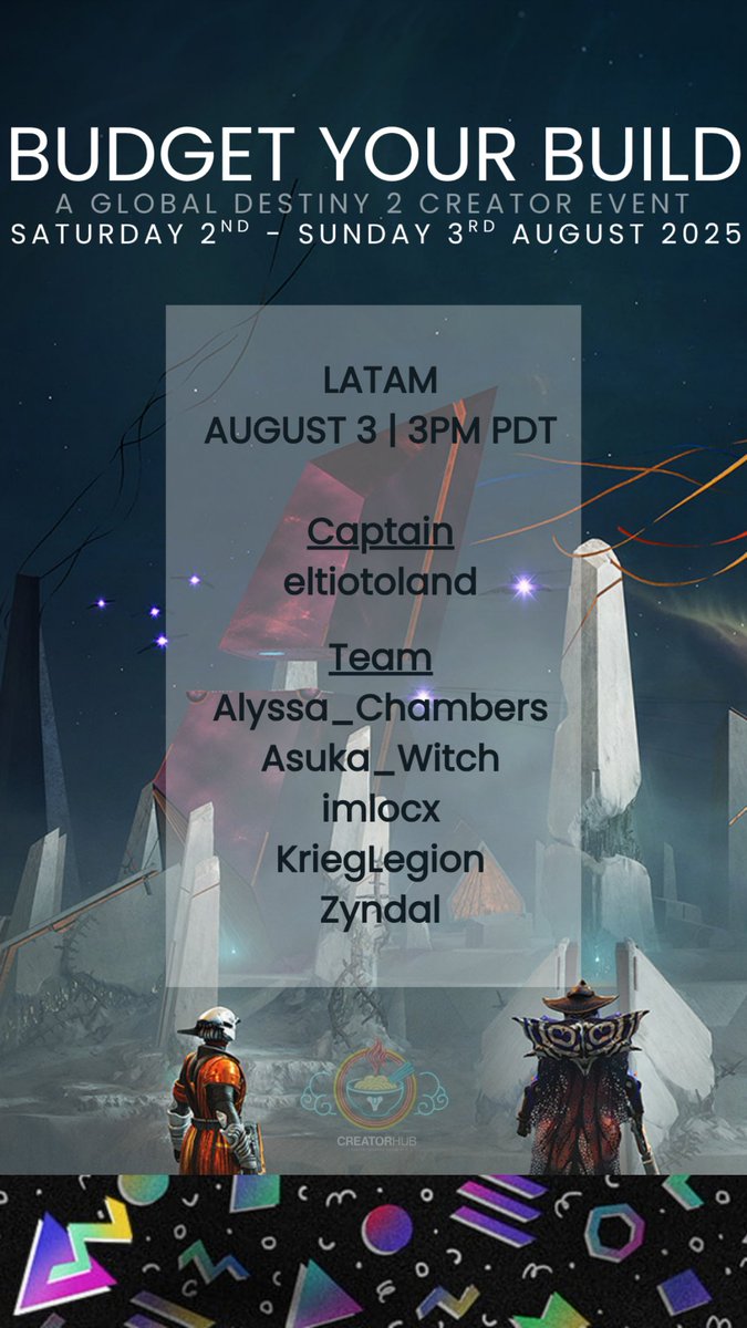 El día de mañana estaremos participando en el evento de creadores "Budget your build" a las 4 de la tarde (CDMX)

¡VAMOS EQUIPO!

<a href="/Aly_Chambers_/">Alyssa Chambers</a>
<a href="/Asuka_Witch/">🌼Asuka Witch🌼 | ⭐Witch Army ⭐</a>
<a href="/ImLocx/">ImLocx</a>
<a href="/KriegLegion/">KriegLegion</a>
<a href="/Zyndal_/">Zyndal</a>

Gracias a <a href="/samikatplays/">SamiKat</a> por organizarlo!

#Destiny2Creator #Destiny2