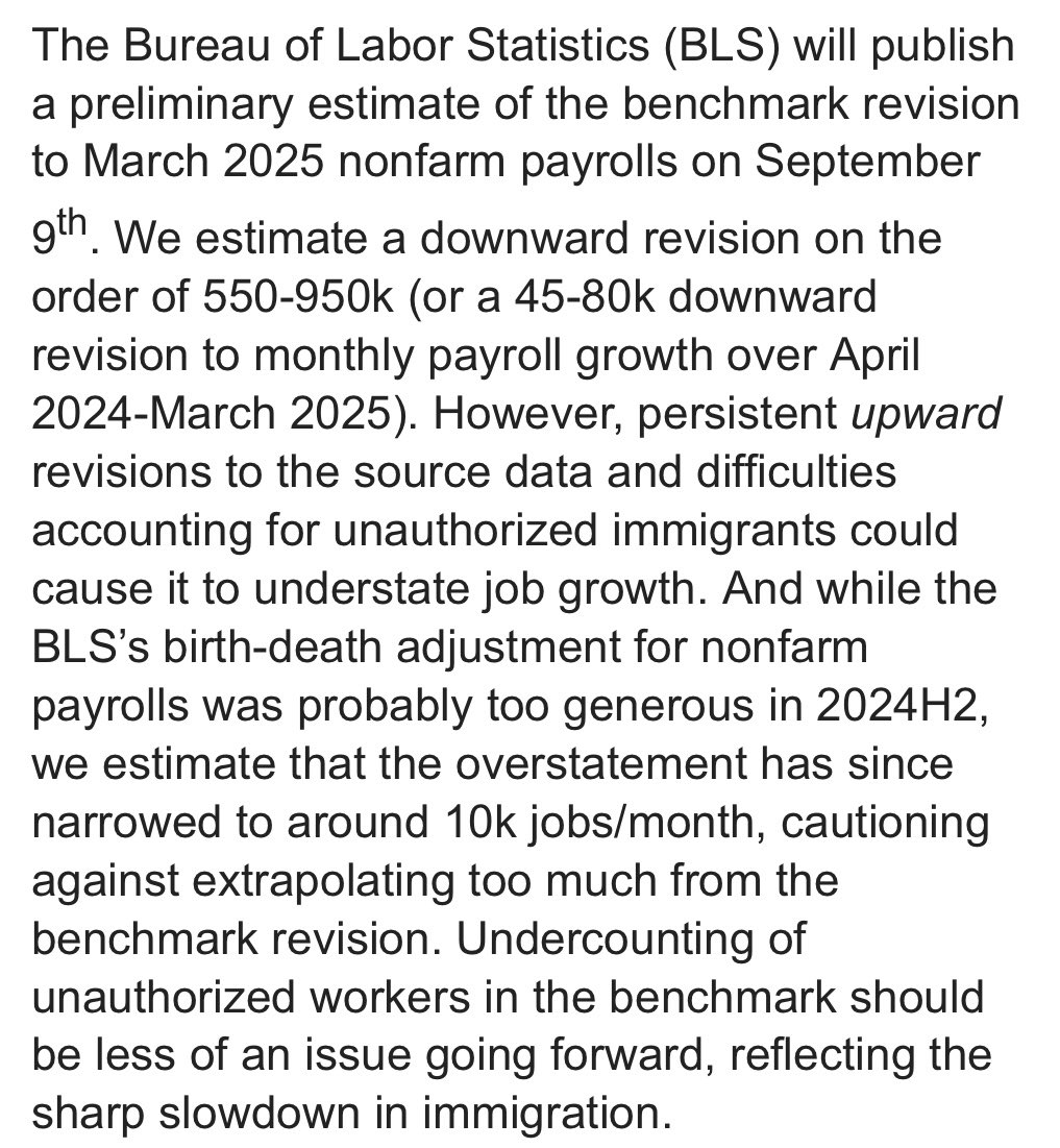 Goldman Sachs economists expect job growth from April 2024 to March 2025 to be revised down by as much 950,000 jobs on Sept. 9 (when BLS will release its annual revision)