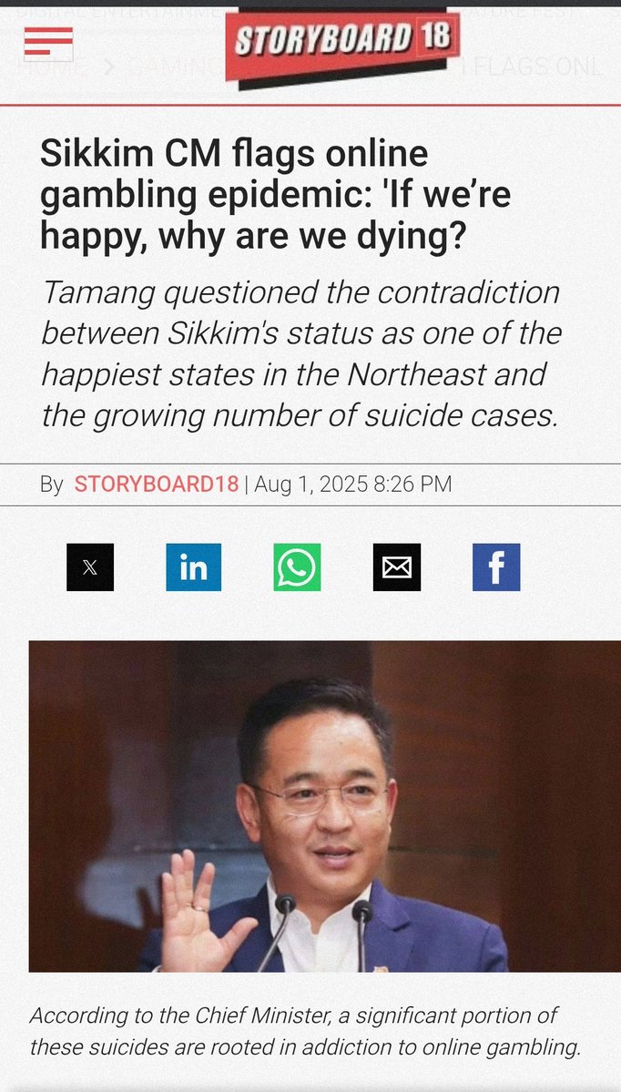 Surajya Abhiyan (@surajyacampaign) on Twitter photo 🚨 #BIG l #Sikkim CM <a href="/PSTamangGolay/">Prem Singh Tamang (Golay)</a> flags online gambling epidemic: 'If we’re happy, why are we dying?
He questioned the contradiction between Sikkim's status as one of the happiest states in the Northeast and the growing number of suicide cases.
“Our internal survey in Sikkim 🚨 #BIG l #Sikkim CM <a href="/PSTamangGolay/">Prem Singh Tamang (Golay)</a> flags online gambling epidemic: 'If we’re happy, why are we dying?
He questioned the contradiction between Sikkim's status as one of the happiest states in the Northeast and the growing number of suicide cases.
“Our internal survey in Sikkim