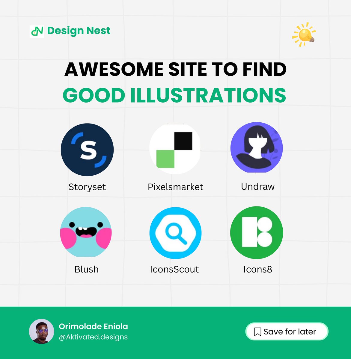 100Aktivated's tweet image. Looking for quality illustrations for your projects?

Here are 6 awesome sites to explore and download top-tier visuals!
#DesignResources #Illustrations #UIDesign #BlushDesign #Storyset #Icons8 #IconsScout #Pixelsmarket #Undraw #UIUX #CreativeTools #DesignNest