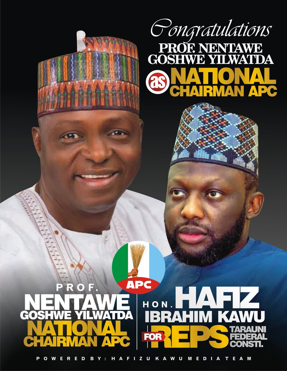 Bashir Dalhatu (@bashirdalhatu10) on Twitter photo Congratulations and best wishes, Prof Nentawe Yilwatda, on your well-deserved appointment as APC National Chairman. From all of us at Hon. Comrade Hafiz Kawu's OON MNI camp.
<a href="/HonHafizKawu/">Hafiz Ibrahim Kawu, OON, mni</a>
<a href="/nentawe1/">Nentawe G. Yilwatda</a>
<a href="/officialABAT/">Bola Ahmed Tinubu</a> <a href="/femigbaja/">Femi Gbajabiamila</a> Congratulations and best wishes, Prof Nentawe Yilwatda, on your well-deserved appointment as APC National Chairman. From all of us at Hon. Comrade Hafiz Kawu's OON MNI camp.
<a href="/HonHafizKawu/">Hafiz Ibrahim Kawu, OON, mni</a>
<a href="/nentawe1/">Nentawe G. Yilwatda</a>
<a href="/officialABAT/">Bola Ahmed Tinubu</a> <a href="/femigbaja/">Femi Gbajabiamila</a>