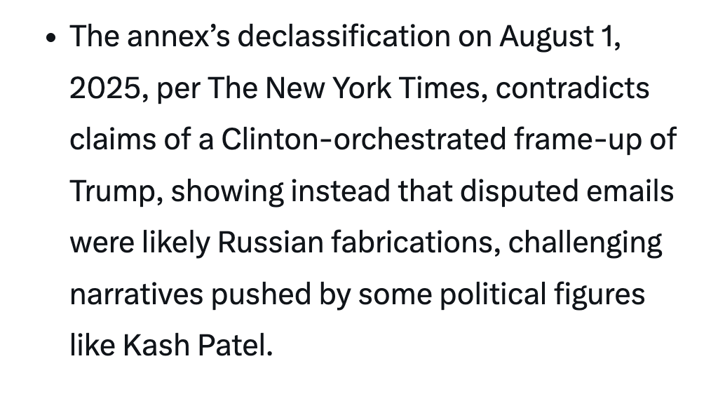 This is what Grok says about the newly released Durham Appendix. It’s fine if they don’t want Grok to be political. But the fact that it treats the lying New York Times as an authoritative source, especially when those lies have just been thoroughly exposed right here on Twitter,