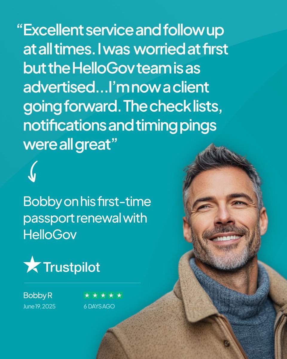 hellogovai's tweet image. “I was worried at first… but HelloGov delivered.”
Bobby renewed his passport for the first time — and now he’s a client for life.

Smart checklists. Real-time reminders. Great service.
#HelloGov #ClientReview #FastPassport #TravelSupport #Trustpilot #Testimonial