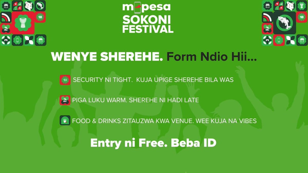 Tulime Na KaLiverson (@ondiekliverson) on Twitter photo Wakuu form ya Mpesa SokoniFestival Iko pale Jomo Kenyatta International Airport (mambo leo). Unafaa kubeba National ID pekee hakuna malipo ya kiingilio,,kutakua na offers best 18% Cashback ukilipia till na mpesa app
<a href="/SafaricomPLC/">Safaricom PLC</a>
<a href="/JotoNchi/">Taita empress</a> tukutane Western
#MpesaSokoniFestival Wakuu form ya Mpesa SokoniFestival Iko pale Jomo Kenyatta International Airport (mambo leo). Unafaa kubeba National ID pekee hakuna malipo ya kiingilio,,kutakua na offers best 18% Cashback ukilipia till na mpesa app
<a href="/SafaricomPLC/">Safaricom PLC</a>
<a href="/JotoNchi/">Taita empress</a> tukutane Western
#MpesaSokoniFestival