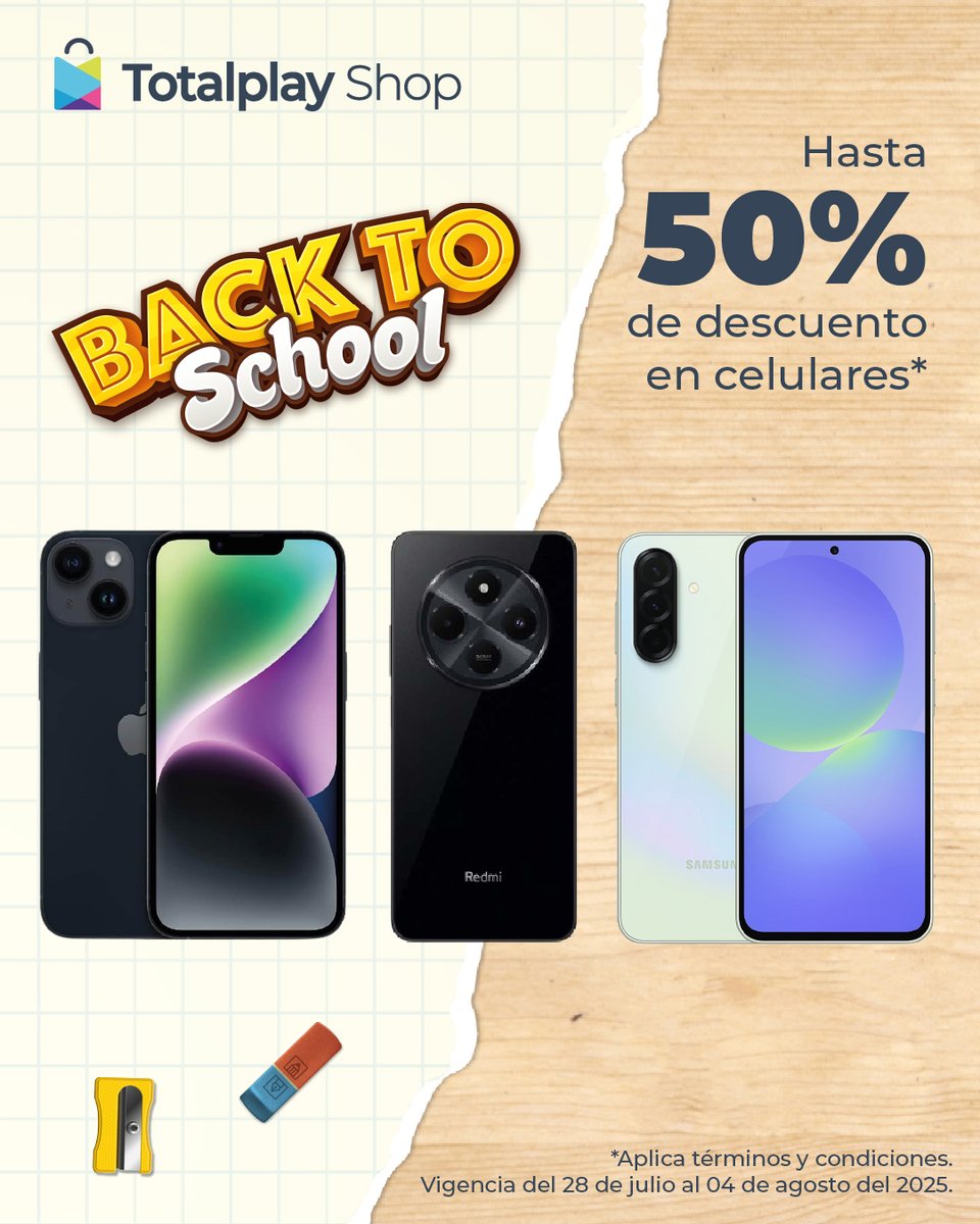 Nuevo ciclo, nuevo celu.
Llévate el tuyo con hasta 50% de descuento este regreso a clases.
🛒 Encuentra el ideal para ti en la app.
👉 totalgo.totalplay.com.mx/section/mkp?
