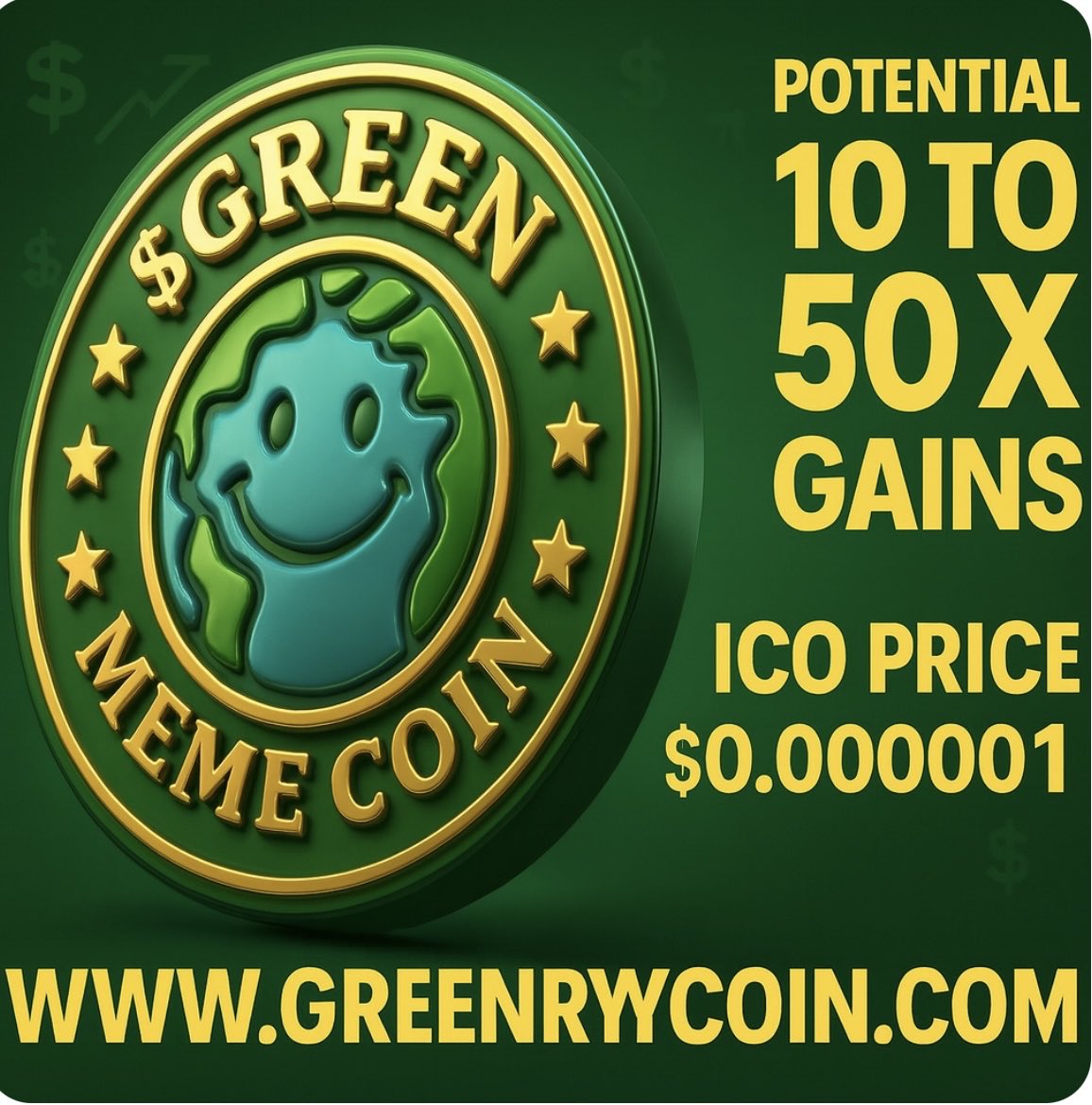 🚨 ICO LIVE at just $0.000001 ‼️
🌱 $GREEN Meme Coin GMC— The First Environmental DeFi Utility Coin
🔥 Potential 10X to 50X Gains
🔗 Join early → GREENRYCOIN.COM
#Crypto #ICO #GreenMemeCoin #DeFi #Altcoin #CryptoGains #Ethereum #GMC