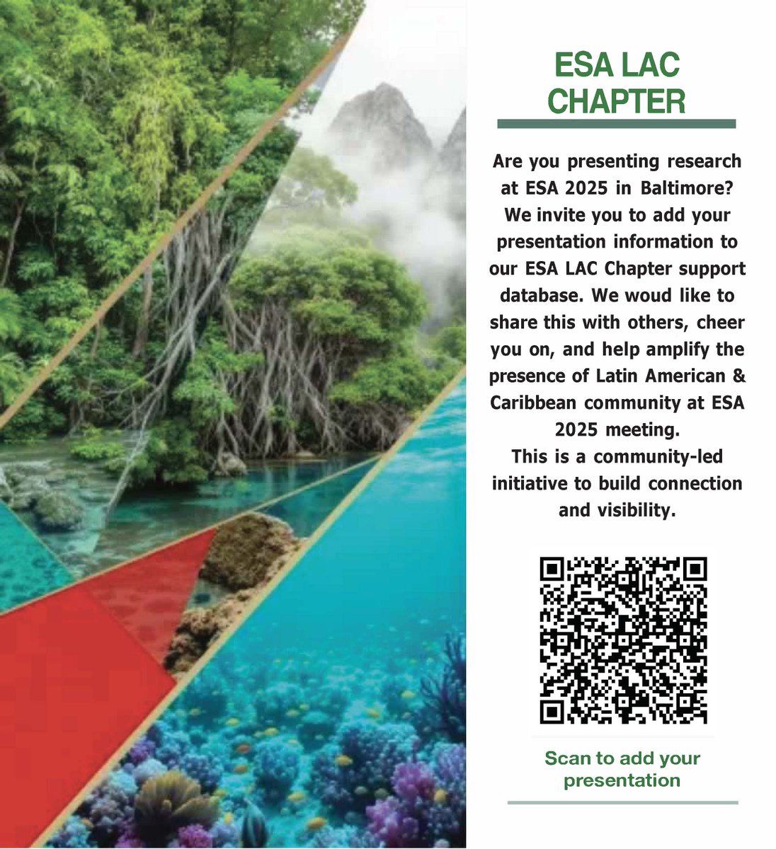 🌿 Are you presenting at #ESA2025 in Baltimore?
📢 Add your presentation to the ESA LAC Chapter database using the QR code. Let's connect, support, and amplify each other! 🌎💚

#ESALAC #Ecology #LatinAmericanScientists#CaribbeanScience #SciComm