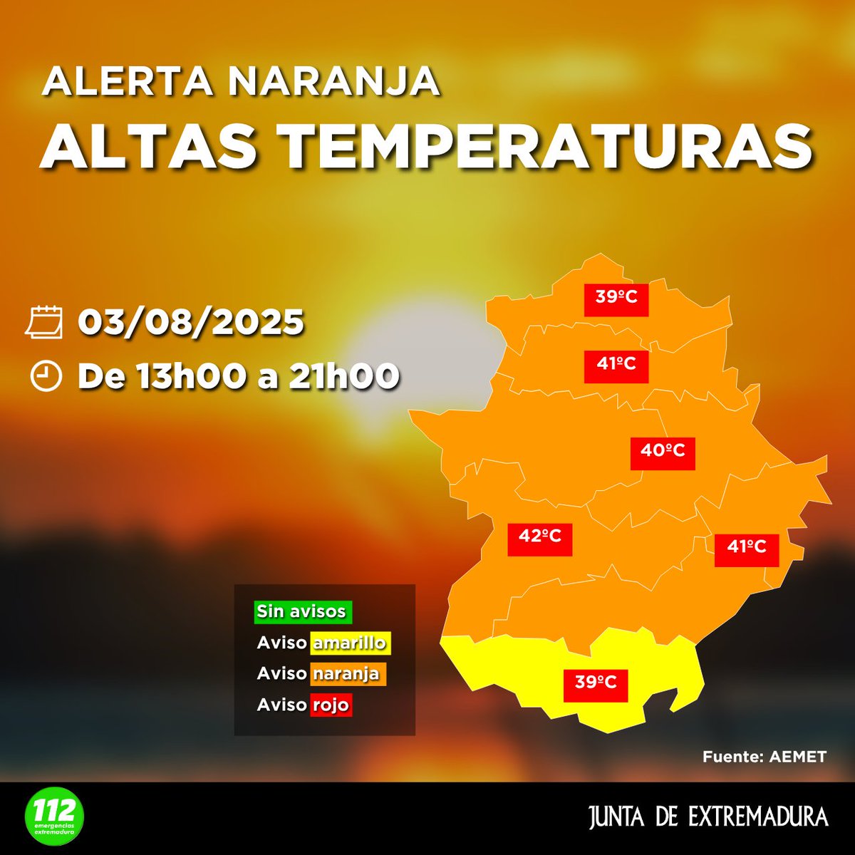 🟠#AlertaNaranja por altas temperaturas🌡️en toda #Extremadura, excepto en el sur de la provincia de #Badajoz.

🗓️ 03/08/2025
⏰ De 13h00 a 21h00

☎️En caso de #emergencia, llama al 1⃣1⃣2⃣