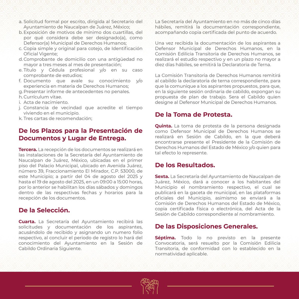El Gobierno de Naucalpan convoca a personas con vocación por los derechos humanos a participar en el proceso para elegir a la próxima Defensora o Defensor Municipal.

➡️Consulta las bases en nuestras plataformas oficiales.

#CiudadNaucalpan #DerechosHumanos