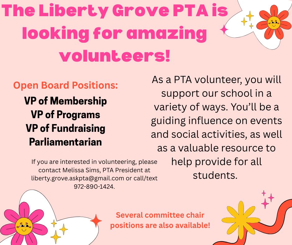 Liberty Grove ES (@lges_gators) on Twitter photo Weβre looking for enthusiastic parents, grandparents, & guardians to join our PTA Leadership Team for the upcoming school year!ππ§‘π
Please see the flyer below & reach out to our PTA President, Melissa Sims, at
π§ liberty.grove.askpta@gmail.com
π± Call/text: 972-890-1424 Weβre looking for enthusiastic parents, grandparents, & guardians to join our PTA Leadership Team for the upcoming school year!ππ§‘π
Please see the flyer below & reach out to our PTA President, Melissa Sims, at
π§ liberty.grove.askpta@gmail.com
π± Call/text: 972-890-1424