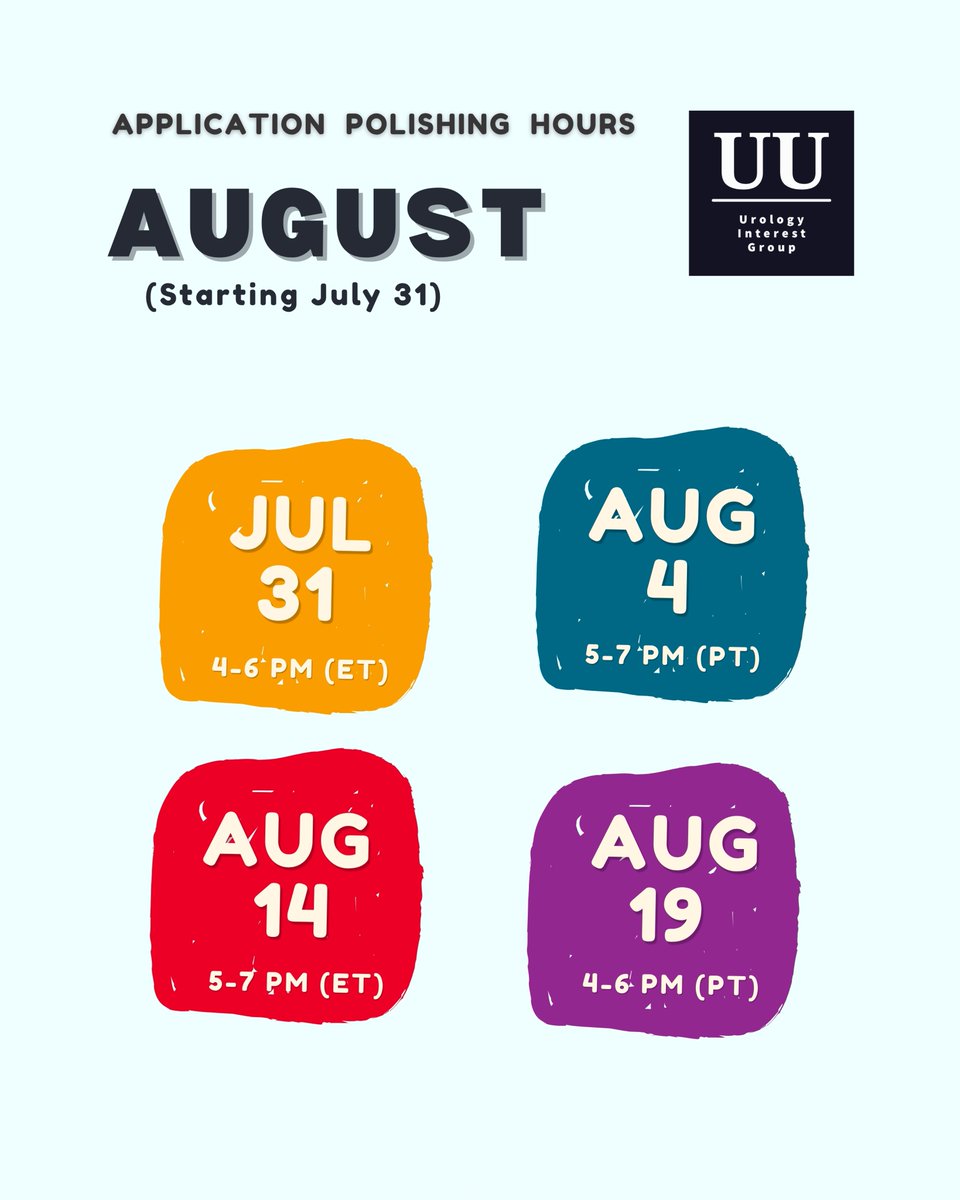 Urology Unbound: Urology Interest Group (@urounbound_ig) on Twitter photo Application Polishing Office Hours are back! August sessions are here โ get expert advice, strengthen your strategy, & learn from urology mentors whoโve been through it.
Sessions run through September. Zoom link in UUIG GroupMe.
<a href="/rfrankjones_uro/">R. Frank Jones Urological Society</a> <a href="/UroAcademic/">Society of Academic Urologists</a> <a href="/SWIUorg/">SWIU</a> <a href="/sufuorg/">SUFU</a> Application Polishing Office Hours are back! August sessions are here โ get expert advice, strengthen your strategy, & learn from urology mentors whoโve been through it.
Sessions run through September. Zoom link in UUIG GroupMe.
<a href="/rfrankjones_uro/">R. Frank Jones Urological Society</a> <a href="/UroAcademic/">Society of Academic Urologists</a> <a href="/SWIUorg/">SWIU</a> <a href="/sufuorg/">SUFU</a>