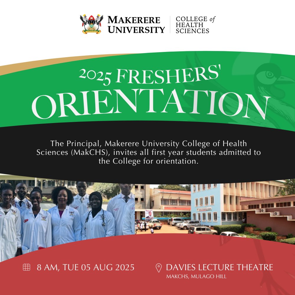 Makerere University Biomedical Engineering (@makbme) on Twitter photo NEW!! All #Freshmen admitted to the <a href="/MakerereCHS/">Makerere University College of Health Sciences</a> are invited for orientation by the Principal, <a href="/brucekirenga/">Bruce Kirenga</a>
📅 Tuesday, 05th August 2025.
⏲️ Starting at 8 am.
📍 Davies Lecture Theatre.
Kindly Attend in Person! NEW!! All #Freshmen admitted to the <a href="/MakerereCHS/">Makerere University College of Health Sciences</a> are invited for orientation by the Principal, <a href="/brucekirenga/">Bruce Kirenga</a>
📅 Tuesday, 05th August 2025.
⏲️ Starting at 8 am.
📍 Davies Lecture Theatre.
Kindly Attend in Person!