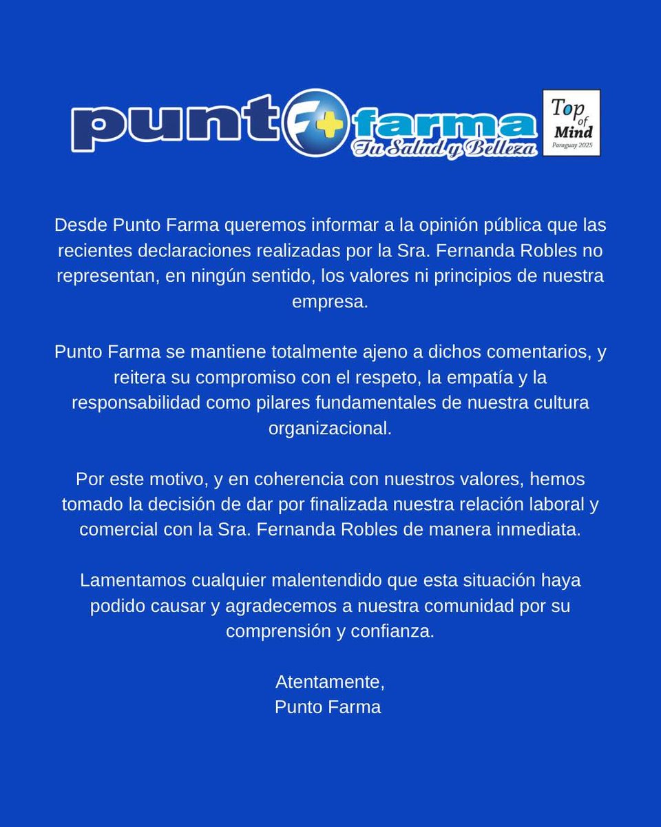 Excelente decisión la de <a href="/puntofarmapy/">Punto Farma</a>, terminar la relación laboral/comercial con Fernanda Robles por sus recientes declaraciones. 🙌🏻 Las demás empresas que trabajan con ella deberían de hacer lo mismo.