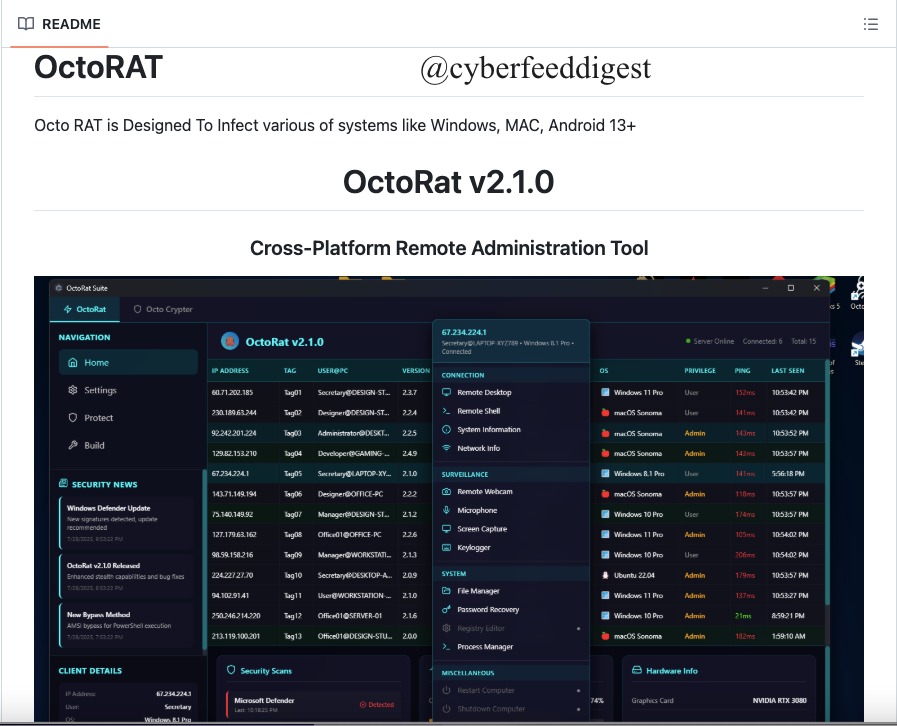 🛑 OctoRAT: Commercial #RAT Hosted on GitHub, Sold via Telegram for $800

A powerful remote access trojan (RAT) named OctoRAT is listed on GitHub.

Marketed as a “remote administration framework” for security professionals.
Offers webcam/mic access, keylogging, RDP, AV bypass,