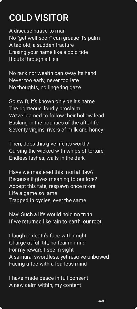 POET: SUSPECT 
POEM: COLD VISITOR 
 
This was supposed to be uploaded last week Saturday, the day I got suspended.
Ironic 😂
Read and leave your reviews in the comments 🙏🏾