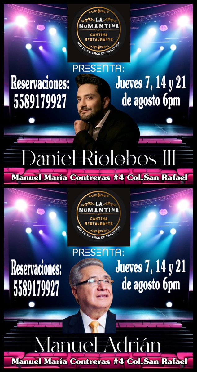 Disección TV🌙💀 (@sandymoondcs) on Twitter photo Daniel Riolobos y Manuel Adrián unen sus talentos para hacer las noches de bohemia en La Numantina; jueves 7, 14 y 21 de agosto a partir de las 18:00 horas, no se pierdan de este gran espectáculo que cautivará a los amantes de la música romántica <a href="/RRHijodevecino/">Víctor Hugo Sánchez</a> #sandymoon #cdmx Daniel Riolobos y Manuel Adrián unen sus talentos para hacer las noches de bohemia en La Numantina; jueves 7, 14 y 21 de agosto a partir de las 18:00 horas, no se pierdan de este gran espectáculo que cautivará a los amantes de la música romántica <a href="/RRHijodevecino/">Víctor Hugo Sánchez</a> #sandymoon #cdmx