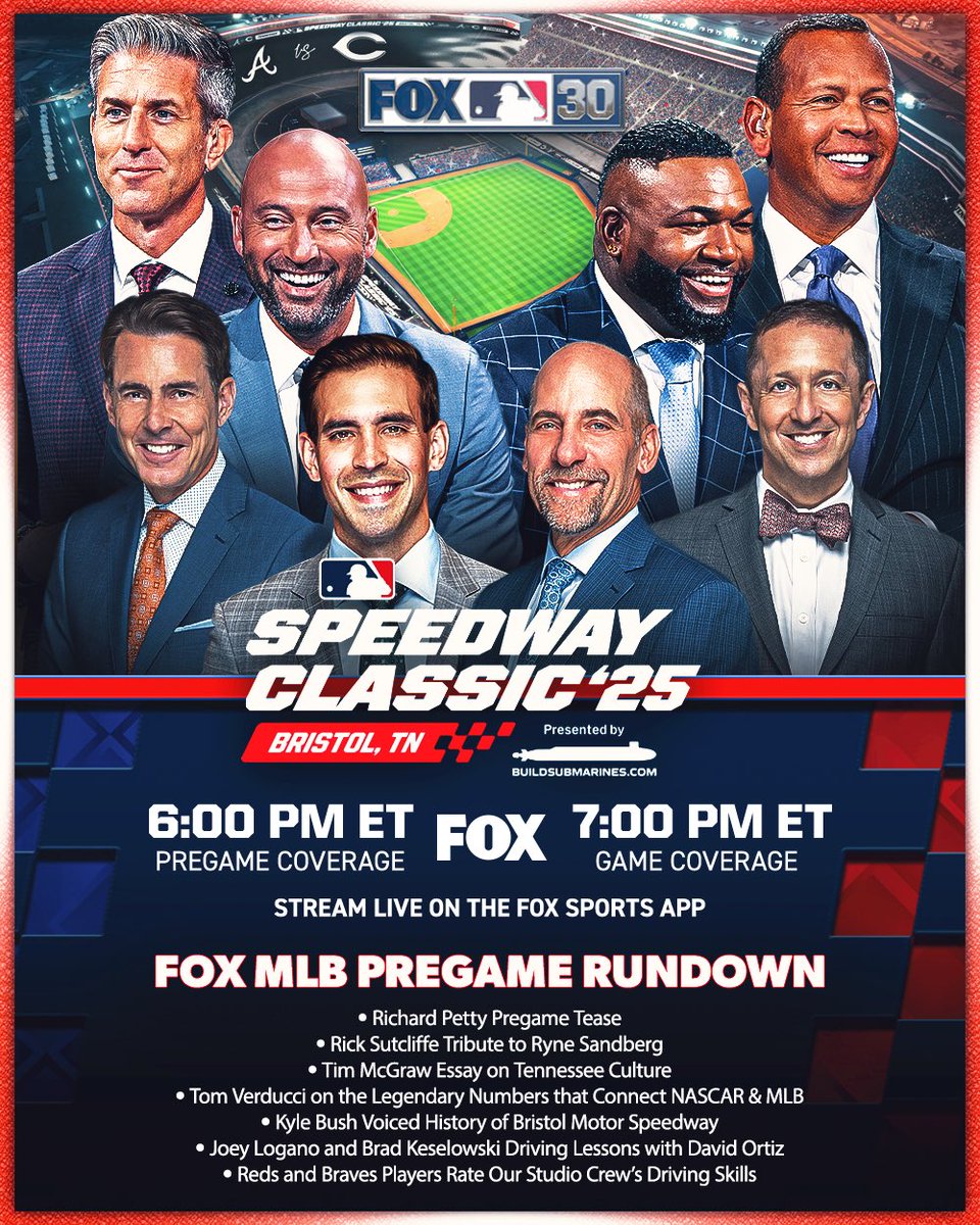 FOXSportsPR's tweet image. Baseball takes over the iconic Bristol Motor Speedway in a one-of-a-kind event, as the @Braves face the @Reds in the #MLBSpeedwayClassic.

All the action starts tonight at 6:00 PM ET on FOX. ⚾️