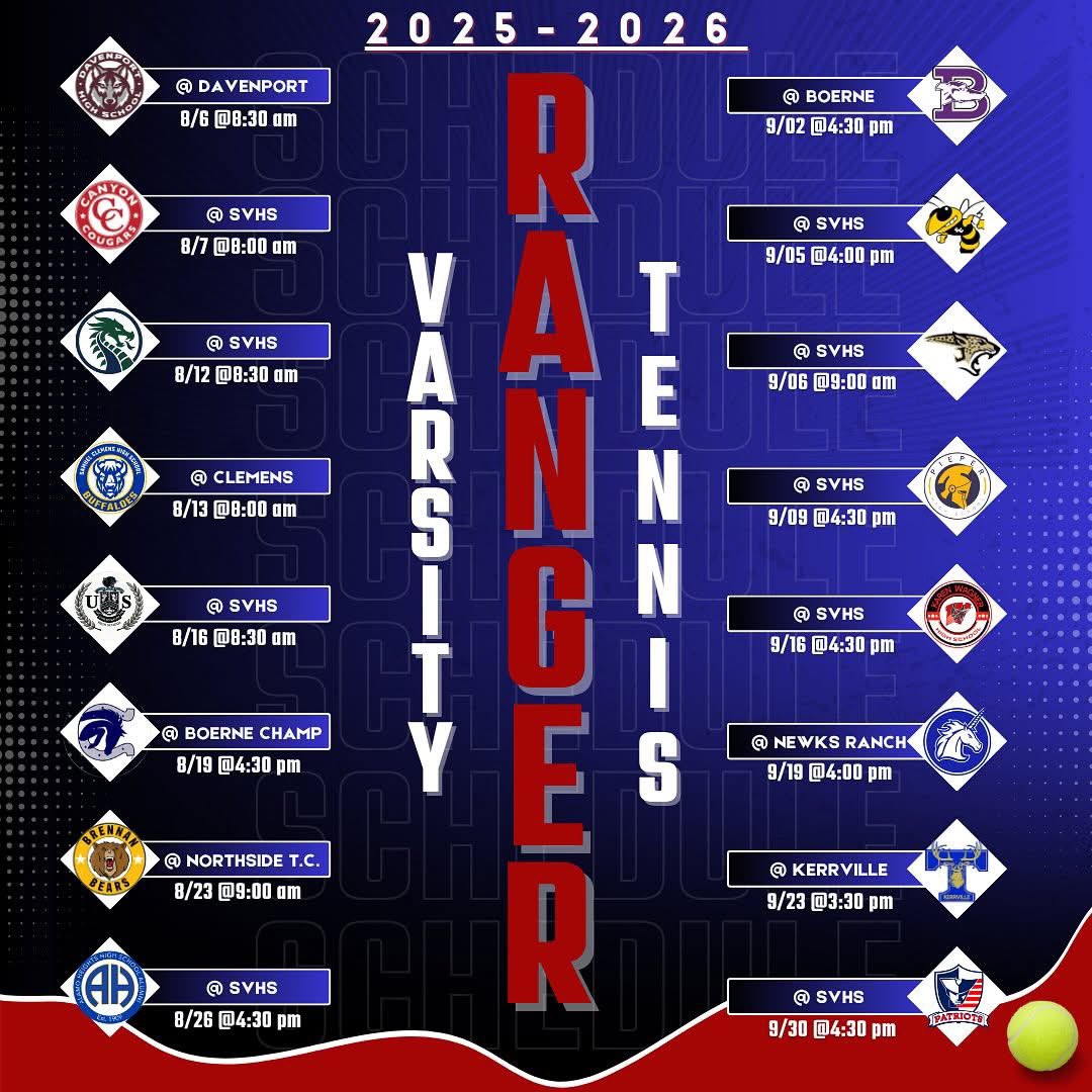 🔥 IT’S OFFICIAL! The Varsity Ranger Tennis Fall Team Season schedule is LOCKED IN! 🎾 Come out and bring the energy as we rally behind our Rangers all season long. Let’s make some noise, and show everyone what RANGER NATION is all about. <a href="/SV_Rangers/">SV Ranger Athletics</a> <a href="/valleyventana/">SVHS Media</a>