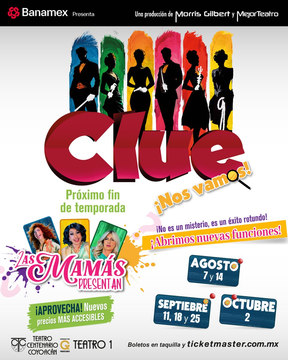 Clue Obra (@clueobramx) on Twitter photo ¡ATENCIÓN! Tenemos nuevas fechas con <a href="/lasmamaspresent/">Las Drat Cuins presentes</a> en #CLUE, el juego de la sospecha. ¡Anticipa ahora tu compra antes de que los boletos se agoten 🔥!
👩🏼🦰 <a href="/MarcosRadosh/">Marcos Radosh</a>
👩🏻 <a href="/raulgmeneses/">La Abelita del Drag</a>
👩🏼 <a href="/SoyCue/">Manuelle Barbie</a>
🎟️ bit.ly/CLUEObraBoletos ¡ATENCIÓN! Tenemos nuevas fechas con <a href="/lasmamaspresent/">Las Drat Cuins presentes</a> en #CLUE, el juego de la sospecha. ¡Anticipa ahora tu compra antes de que los boletos se agoten 🔥!
👩🏼🦰 <a href="/MarcosRadosh/">Marcos Radosh</a>
👩🏻 <a href="/raulgmeneses/">La Abelita del Drag</a>
👩🏼 <a href="/SoyCue/">Manuelle Barbie</a>
🎟️ bit.ly/CLUEObraBoletos